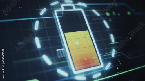 Battery charge level indicators. Discharged and fully charged battery. Indicator with futuristic HUD elements.