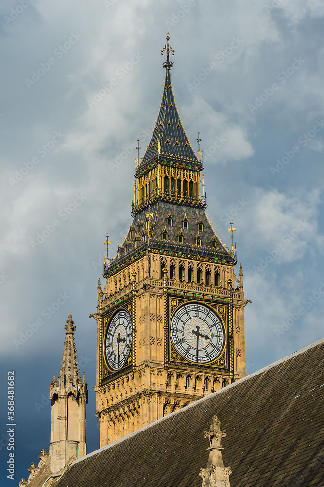 View of architectural details of Palace of Westminster (known as Houses of Parliament) located on north bank of River Thames in City of Westminster. London, England, UK.
