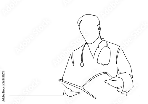 one line vector drawing of hospital doctor standing holding patient papers. Doctor looking at his journal line drawing. Continuous line drawing of doctors silhouette. Hospital scene. Template