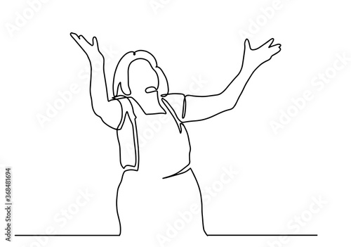Continuous one line drawing of cheering old woman.Happy elderly lady. Happy grandmother isolated on white background. Minimalism vector illustration hand drawn. Concept of joy at old age
