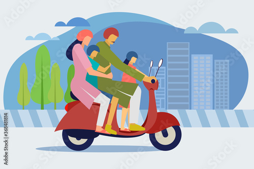 A family of four members travel in a scooter