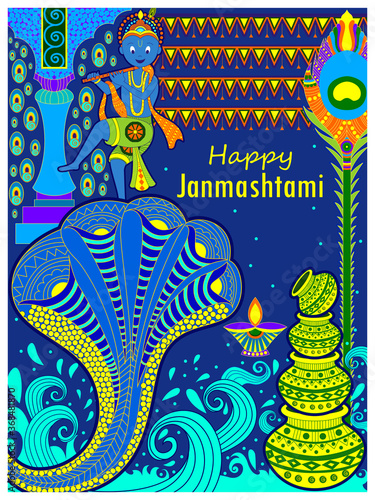 vector illustration of Krishna dancing on Kaliya snake on Happy Janmashtami festival background of India photo