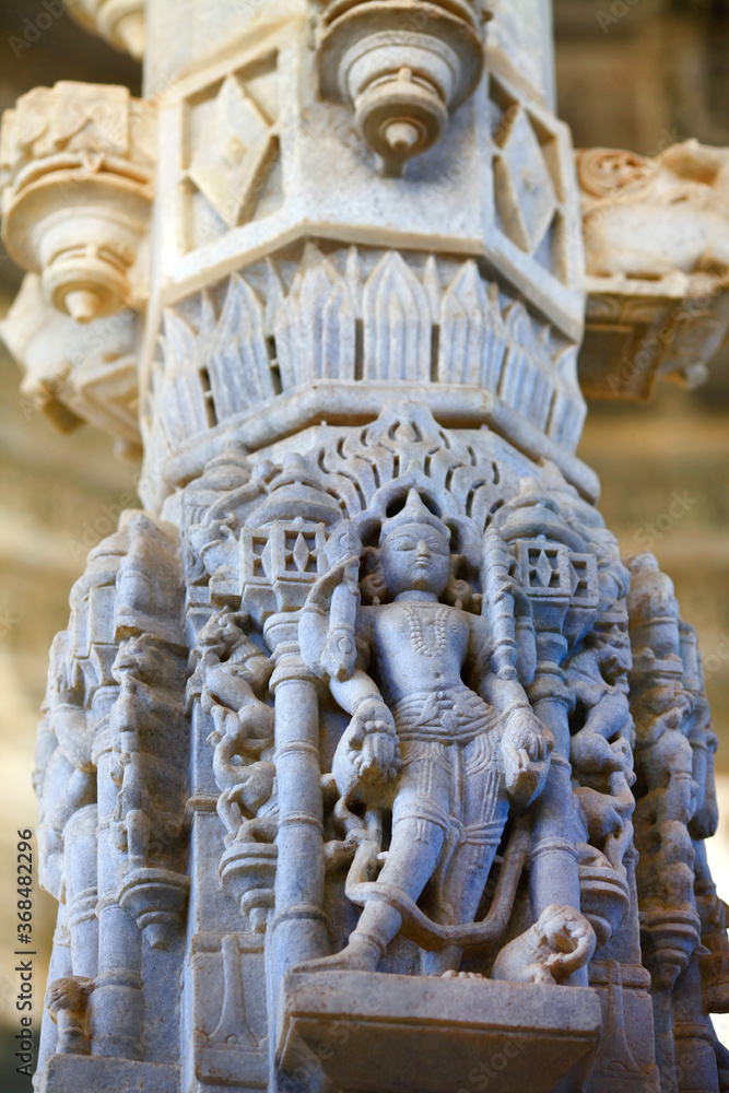 RANAKPUR, INDIA . Amazing carved sculptures and columns in Adinath jain temple in Rajasthan