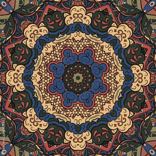 Seamless tracery tile mehndi design. Ethnic ornament, colorful doodle symmetry texture. Folk traditional spiritual tribal design. Curved doodling motif. Color art. Vector