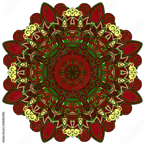 Mandala, tracery wheel mehndi design. Ethnic ornament, colorful doodle symmetry texture. Folk traditional spiritual tribal design. Curved shape, isolated on white. Color art. Vector