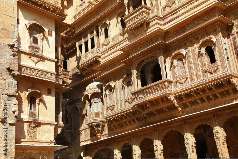 Golden city of India - wonderful Jaisalmer with carved traditional buildings Mughal style. Rajasthan