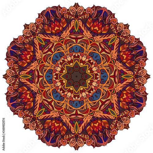 Mandala, tracery wheel mehndi design. Ethnic ornament, colorful doodle symmetry texture. Folk traditional spiritual tribal design.  Curved shape, isolated on white. Color art. Vector