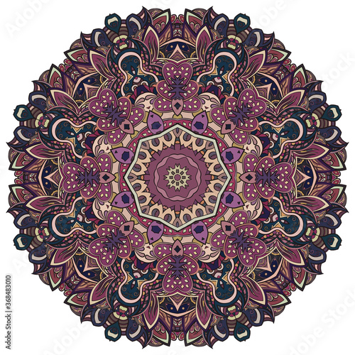 Mandala, tracery wheel mehndi design. Ethnic ornament, colorful doodle symmetry texture. Folk traditional spiritual tribal design. Curved shape, isolated on white. Color art. Vector