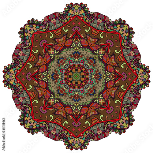Mandala, tracery wheel mehndi design. Ethnic ornament, colorful doodle symmetry texture. Folk traditional spiritual tribal design.  Curved shape, isolated on white. Color art. Vector