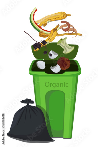Illustration of organic trash drops in the trash.