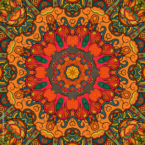 Seamless tracery tile mehndi design. Ethnic ornament, colorful doodle symmetry texture. Folk traditional spiritual tribal design. Curved doodling motif. Color art. Vector