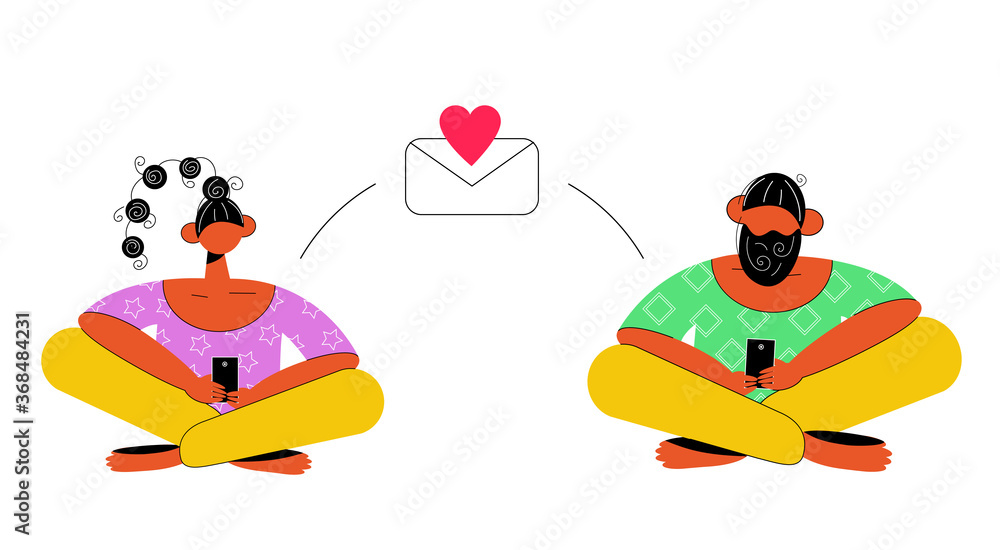 Modern digital technologies. Girl and man sit cross legged and holding smartphone, uses it for reading news, texting message, playing games, social network, internet surfing. Flat cartoon characters.