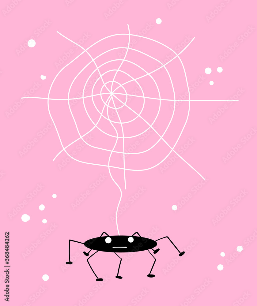 Obraz premium Happy Halloween hand drawn illustration with spider web and cute funny spider. Stock vector cartoon style for banner, poster, greeting card, party invitation. Light background.