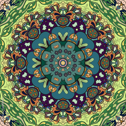 Seamless tracery tile mehndi design. Ethnic ornament, colorful doodle symmetry texture. Folk traditional spiritual tribal design. Curved doodling motif. Color art. Vector
