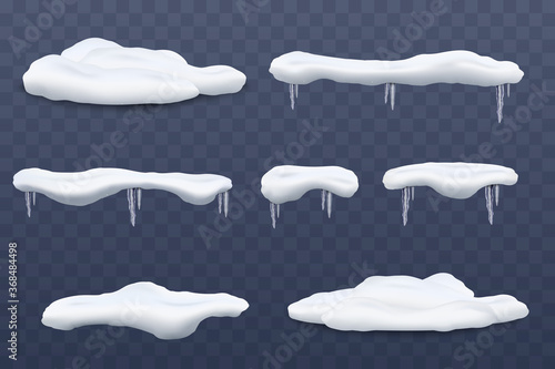 Snow caps and snowdrifts with icicles set of vector illustrations isolated.