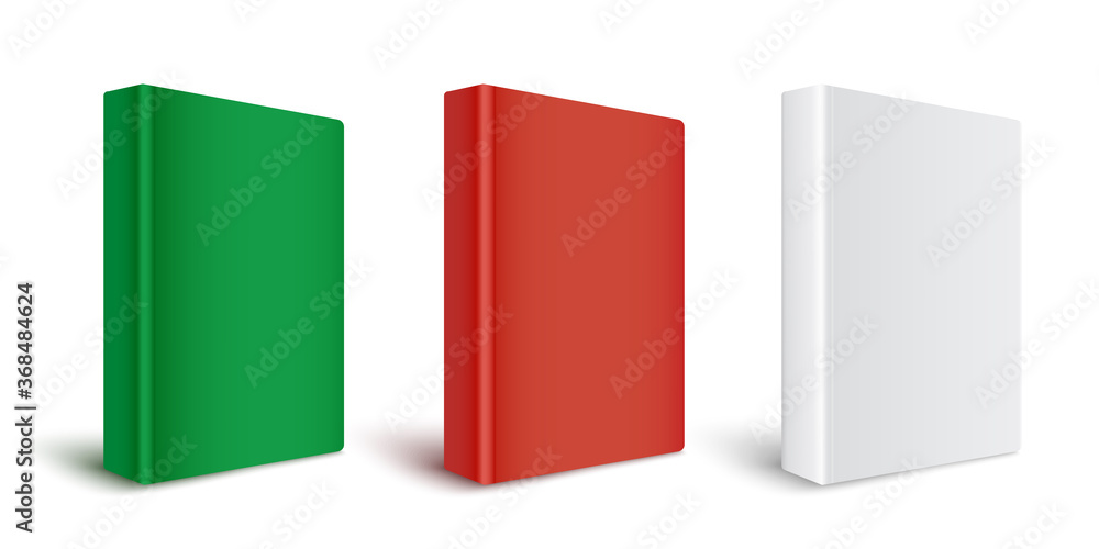 Set of templates of blank red, green and white hardcover paper books.