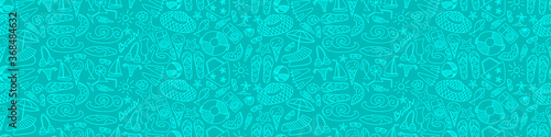 Summer beach hand drawn seamless horizontal border. Vacation doodles on green background.