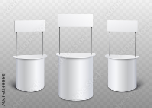 Blank white promo stand set - realistic mock up of rounded promotional counters with rectangle banners for advertising
