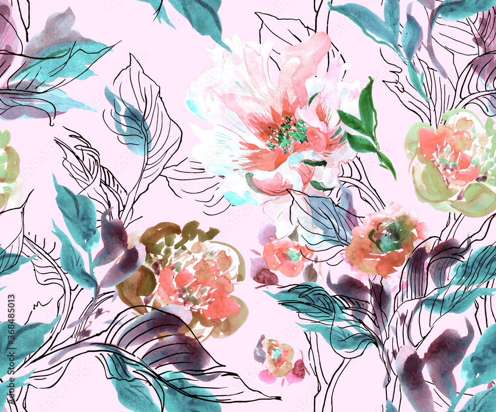 custom made wallpaper toronto digitalSeamless Pattern Watercolor Hand Drawn Abstract Illustration Peony with Doodle Leaves