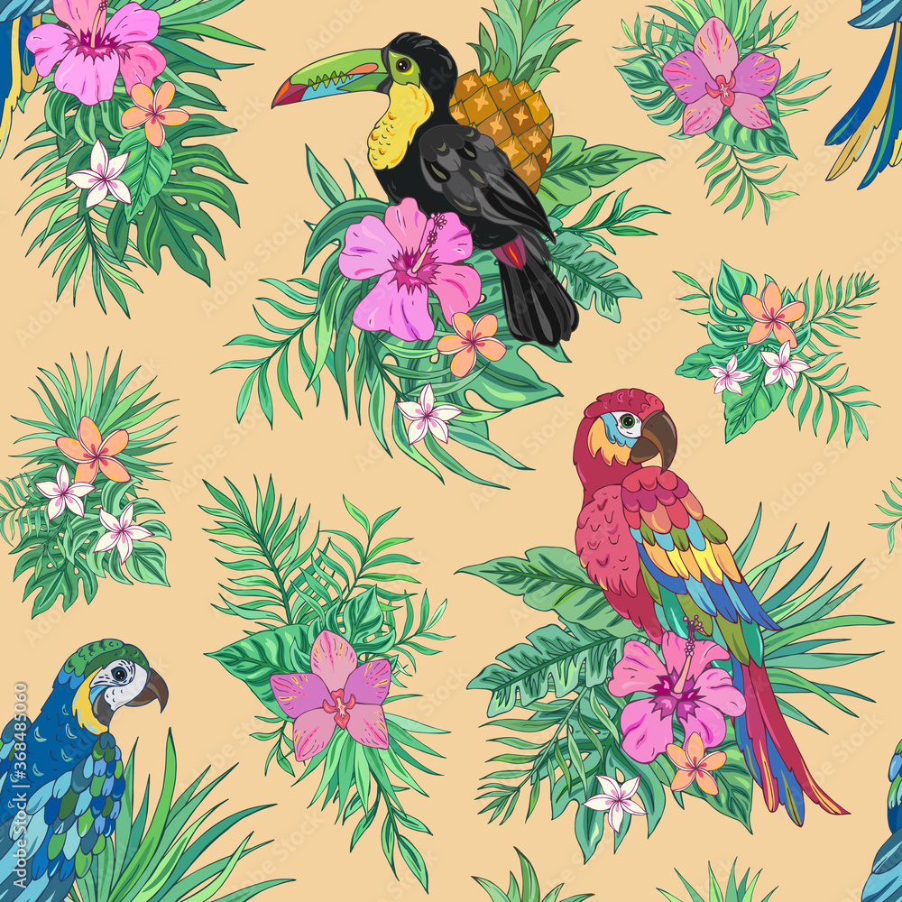 Summer vector seamless pattern with parrots, toucan, palm leaves, pineapple, hibiscus and plumeria. It can be used for websites, packing of gifts, fabrics, wallpapers. 