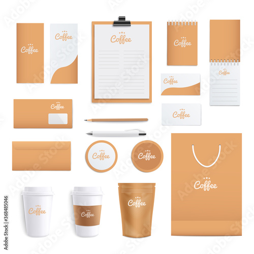 WebCoffee themed corporate identity stationery layout, set of realistic mockups for branding