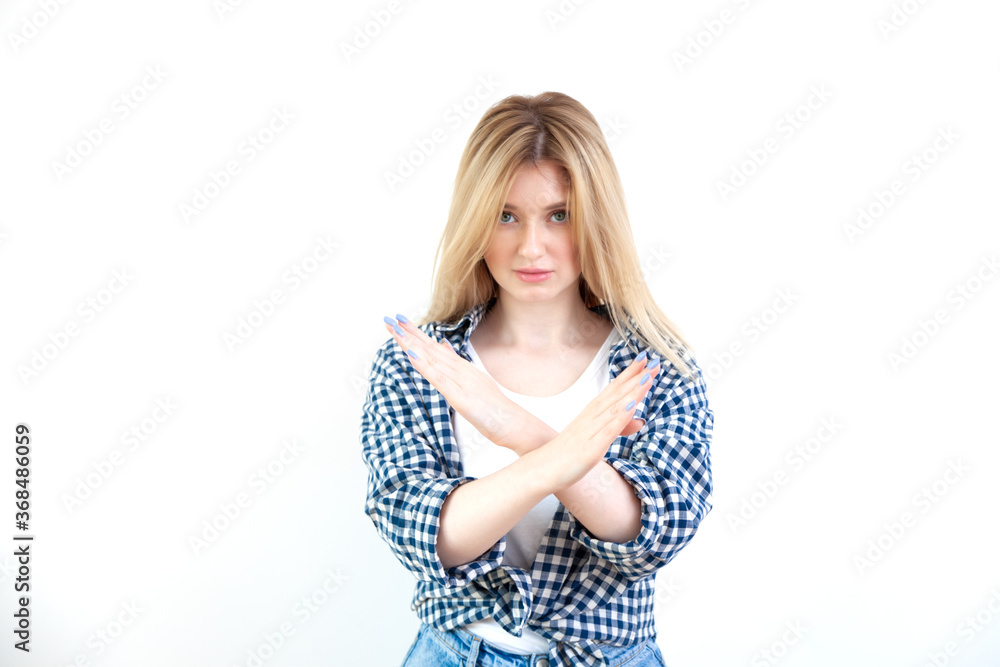 Young beautiful woman emotions in casual clothes on white background Young beautiful woman emotions in casual clothes on white background