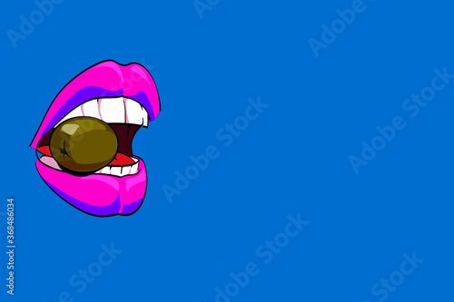 vector illustration of pink lips eating a green olive on blue background