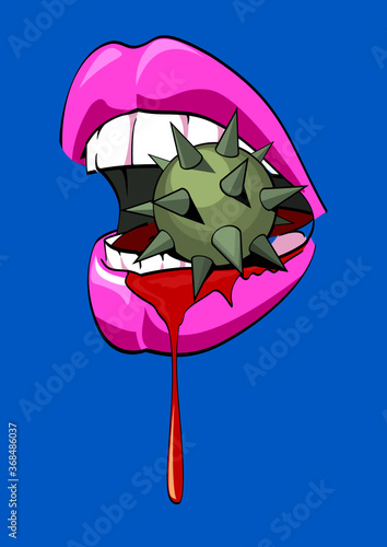 Vector illustration of a female mouth biting a spiked metal sphere on blue background. poster.