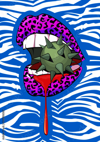 exciting image of pink animal print lips biting a spiked sphere and bleeding on zebra background	