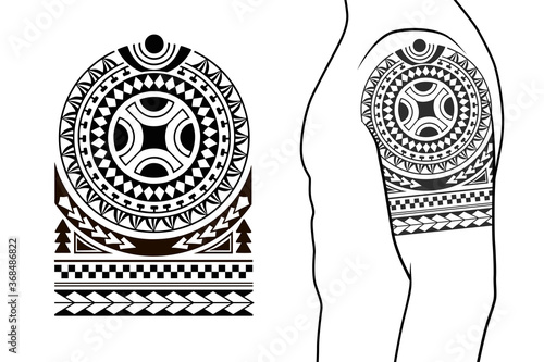 Maori tribal style tattoo pattern fit for a shoulder, arm. With example on body.