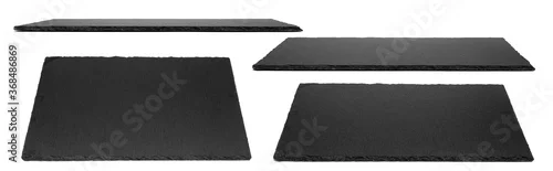 Panel kuchenny z motywem Slate plate isolated on white background. Kitchen stone tray for food. Set of empty black granite stone rectangle board.