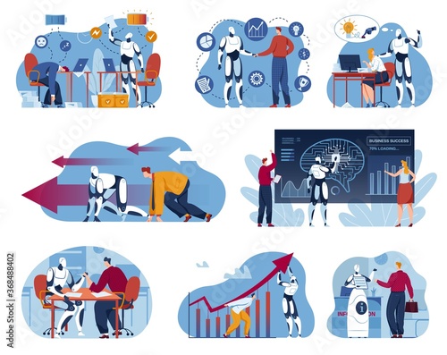 Business people teamwork with robot artificial intelligence vector illustration set. Cartoon flat robot cyber man working, communicating, learning businessman, robotic technology isolated on white