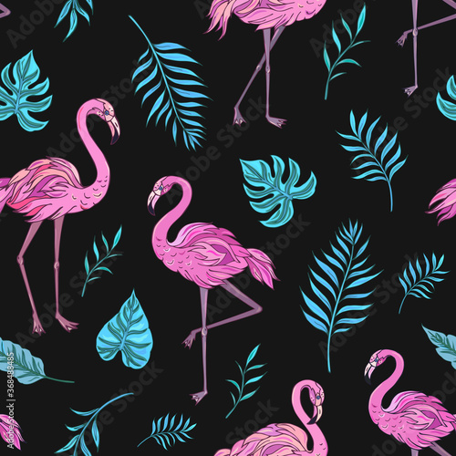 Vector trendy seamless pattern with flamingo and tropical leaves. Summer decoration print for wrapping  wallpaper  fabric. Seamless vector texture. 