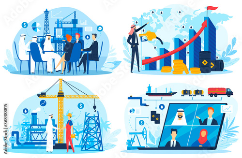 Oil gas fossil fuel Arab UAE business vector illustration set. Cartoon flat Arabic businessman character from Iran Kuwait or Qatar meeting with oil gas industry business partners, barrel price growth
