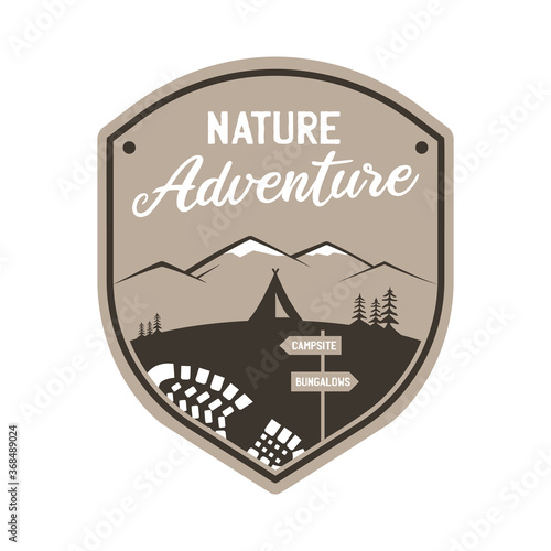 Vintage camping adventure logo emblem illustration design. Outdoor label with tent, mountain scene and text - Nature adventure. Unusual linear hipster style sticker. Stock vector.