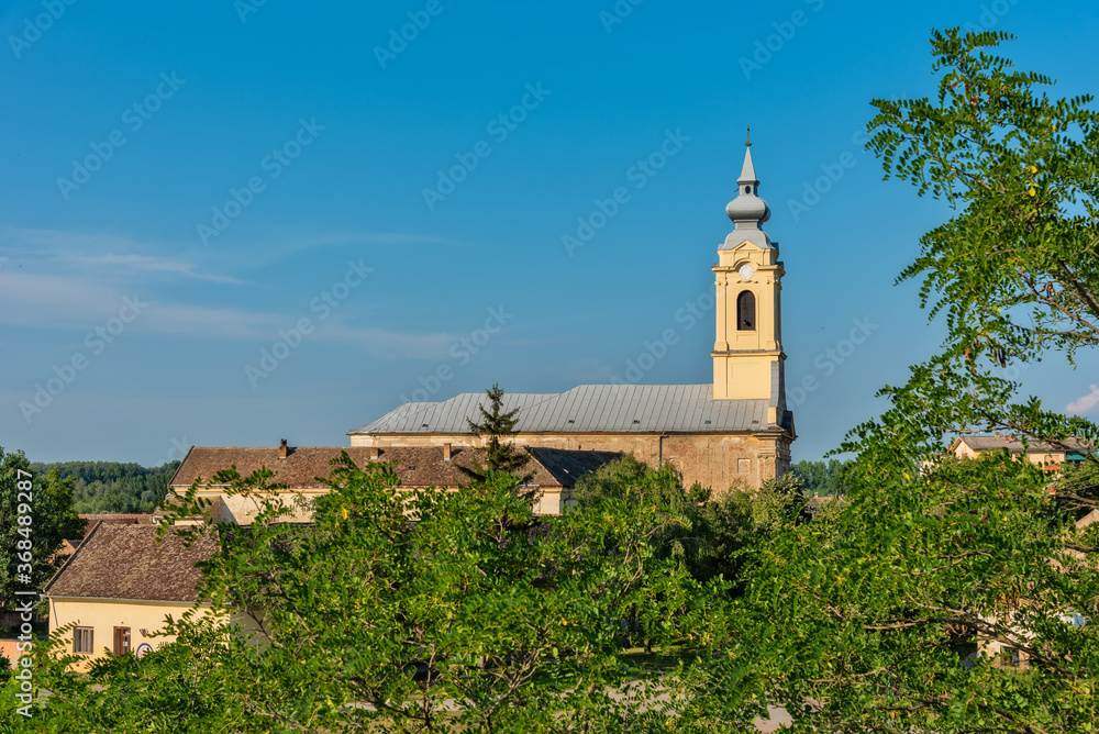 Bac, Serbia-July 22, 2020: Roman Catholic Church of St. of the Apostle Paul (crkva Svetog apostola Pavla) in Bac was erected in the period from 1773 and 1780 and has the status of a cultural monument.