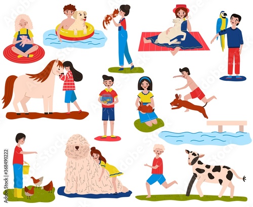 Children pet vector illustration set. Cartoon flat happy owner child characters play with dog, hug, feed and care own puppy cat pig chicken horse animals, kids love best friend pets isolated on white
