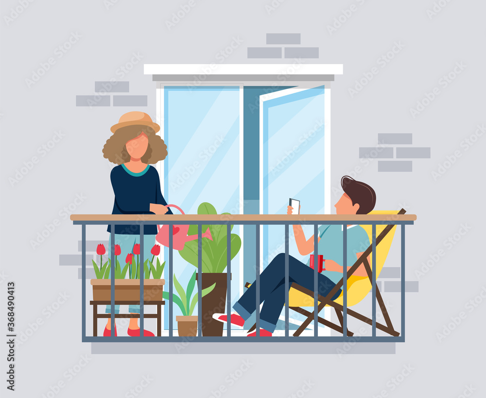 People on balcony, coronavirus concept. Stay at home during epidemic. Cute illustration in flat style People on balcony, coronavirus concept. Stay at home during epidemic. Cute illustration in flat style