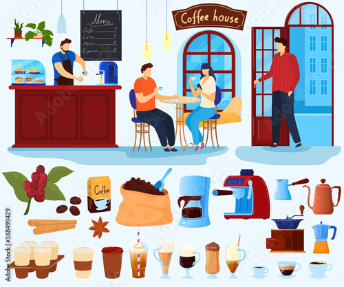 Coffee house vector illustration set. Cartoon flat coffee lover characters drinking, barista makes hot drink in cafe shop or restaurant, coffee maker equipment, fresh beverages menu isolated on white