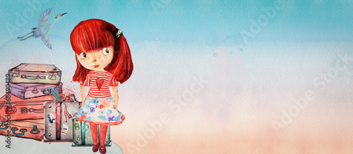 Travel concept with little girl. Watercolor banner photo