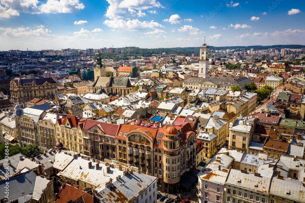 Lviv the old city Ukraine aerial view.