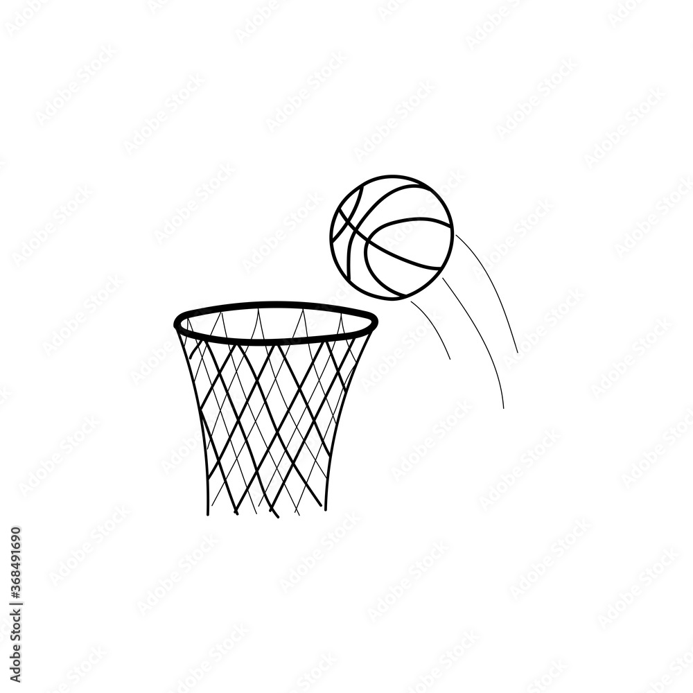 Basket and ball for basketball. Vector illustration of equipment for the game. Icon, icon for sports applications and web in doodle style