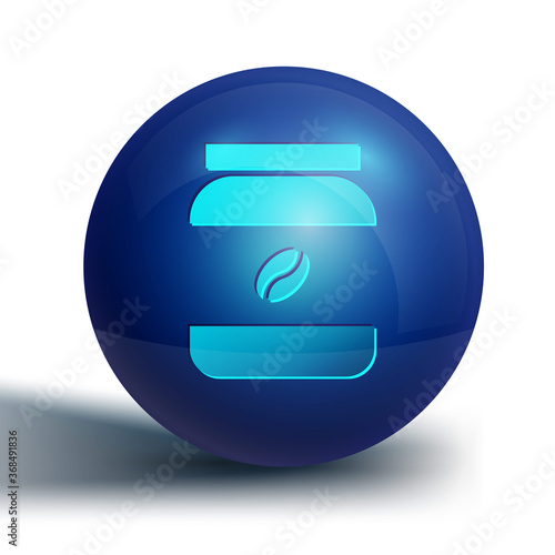 Blue Coffee jar bottle icon isolated on white background. Blue circle button. Vector Illustration.