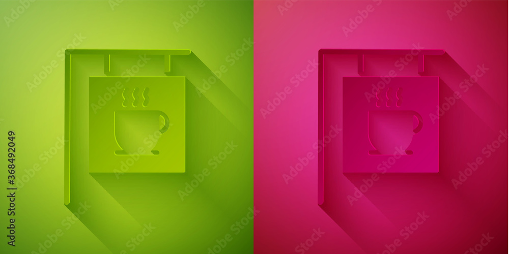 Paper cut Street signboard coffee icon isolated on green and pink background. Paper art style. Vector Illustration. Paper cut Street signboard coffee icon isolated on green and pink background. Paper art style. Vector Illustration.