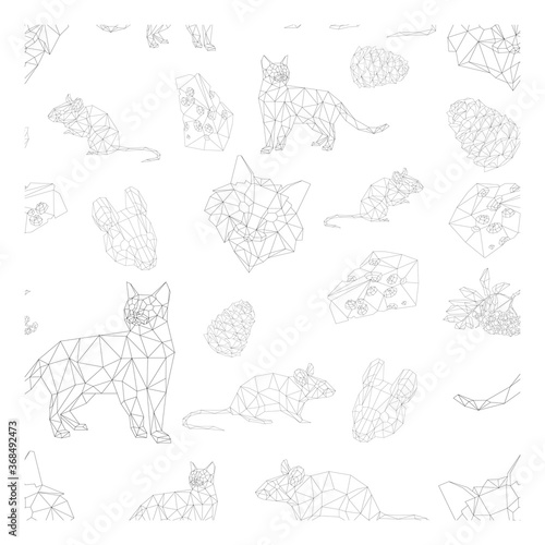 simple line vector polygone art of pattern with cat mouse cheese cone and Rowan berries