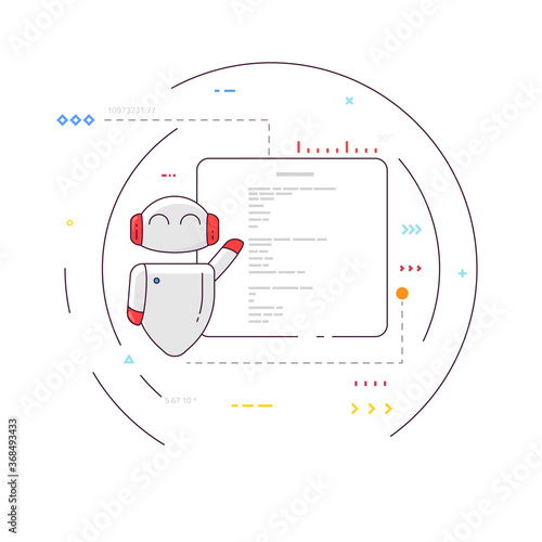 Smiling robot with presentation. Happy bot presenting slides. Artificial intelligence concept. Simple robot with circles and signs. Modern thin line style vector.
