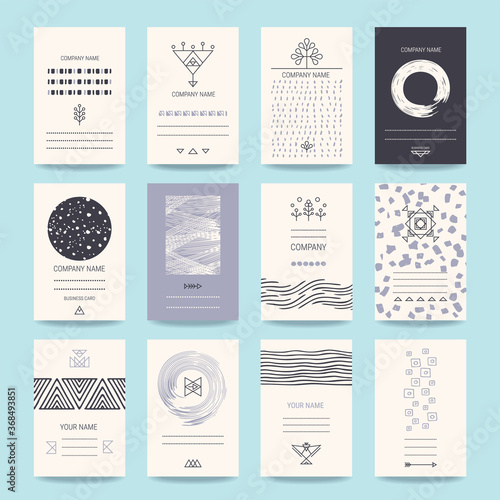 Business, company cards. Creative template collection of cards, flyers, banners with hand drawn textures, brush strokes, trendy thin line icons, geometric stylized illustrations. Isolated vector set.
