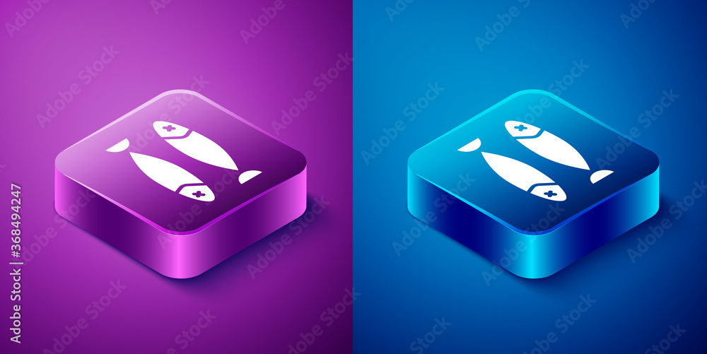 Isometric Dried fish icon isolated on blue and purple background. Square button. Vector Illustration. Isometric Dried fish icon isolated on blue and purple background. Square button. Vector Illustration.