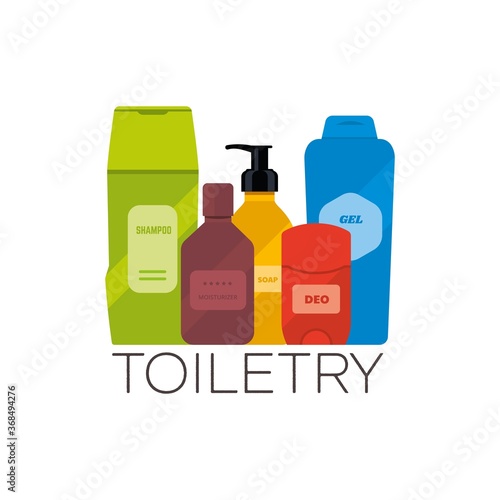 Toiletries flat vector illustration. Personal care and hygiene products, such as shampoo, moisturizer, deodorant, shover gel. Basic wash bag.