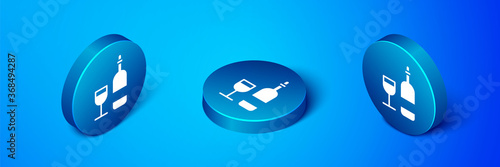 Isometric Wine bottle with glass icon isolated on blue background. Blue circle button. Vector Illustration.